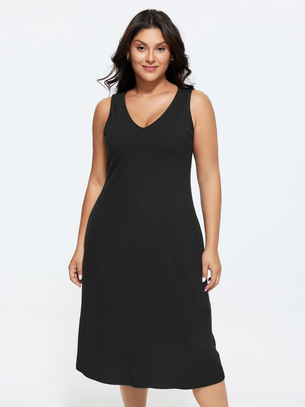 Supersoft Supported Bra Stretchy V-Neck Plain Midi Dress