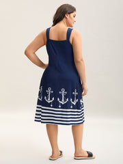 Nautical Print Sleeveless Buckle Midi Dress