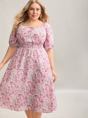 Floral Print Shirred Waist Pockets Midi Dress