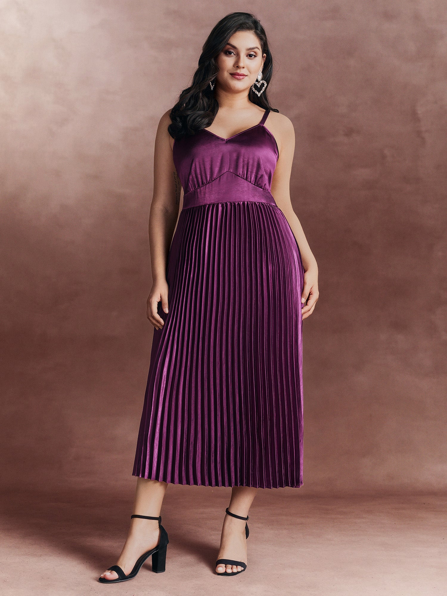 Satin Pleated Skirt Cami Midi Dress