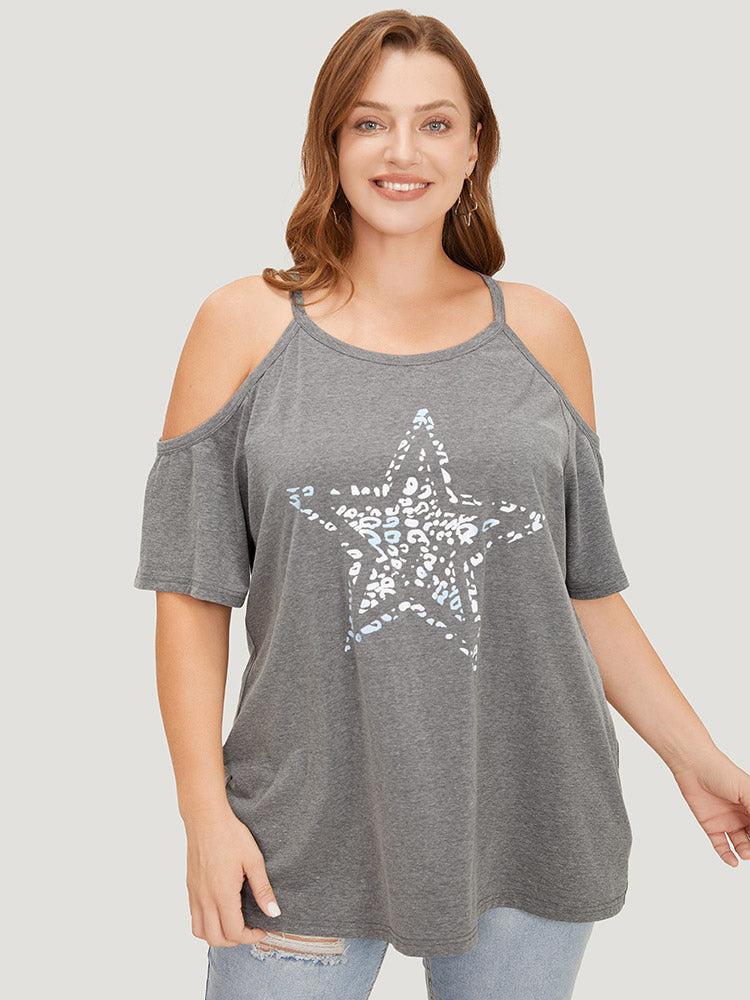 Star Leopard Cold Shoulder Heather T-shirt