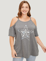 Star Leopard Cold Shoulder Heather T-shirt