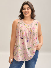 Floral Print Flowy Pleated Tank Top