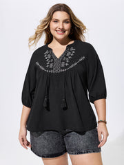 Cotton Boho Embroidered Tassel Blouse