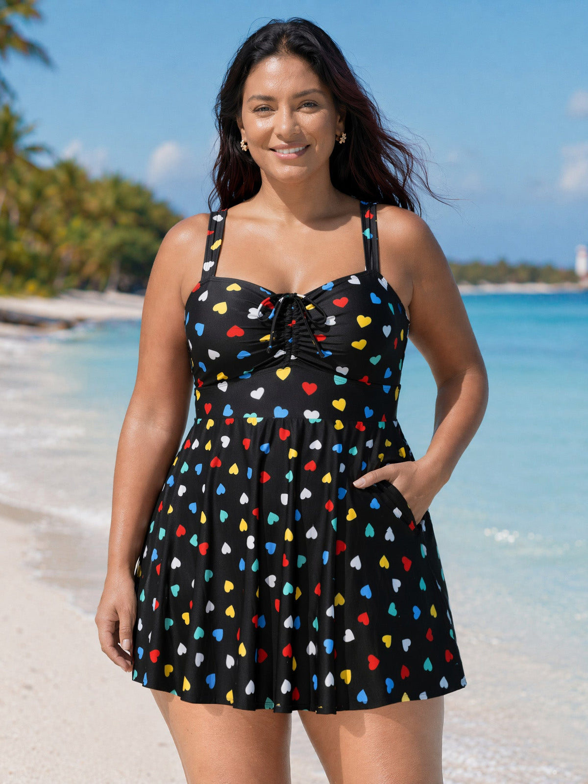 Colorful Heart Print Pockets Swim Dress