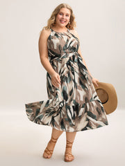 Leaf Print Halter Neck Tiered Midi Dress