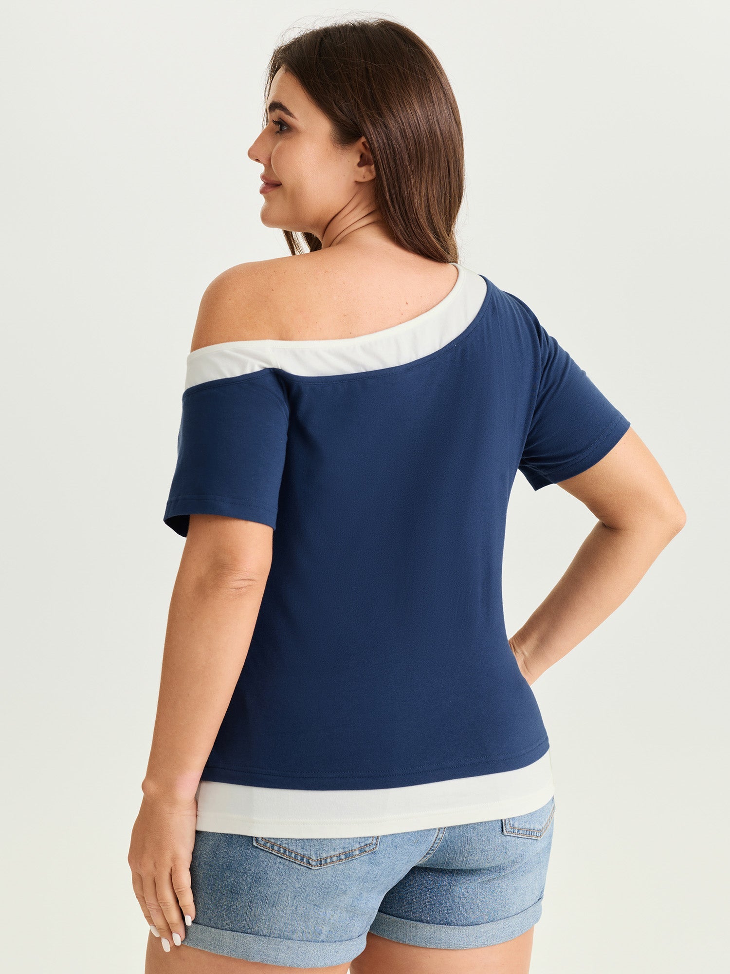 Cotton Stretchy Color Contrast One-Shoulder T-Shirt
