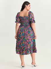 Playful Floral Print Shirred Midi Dress