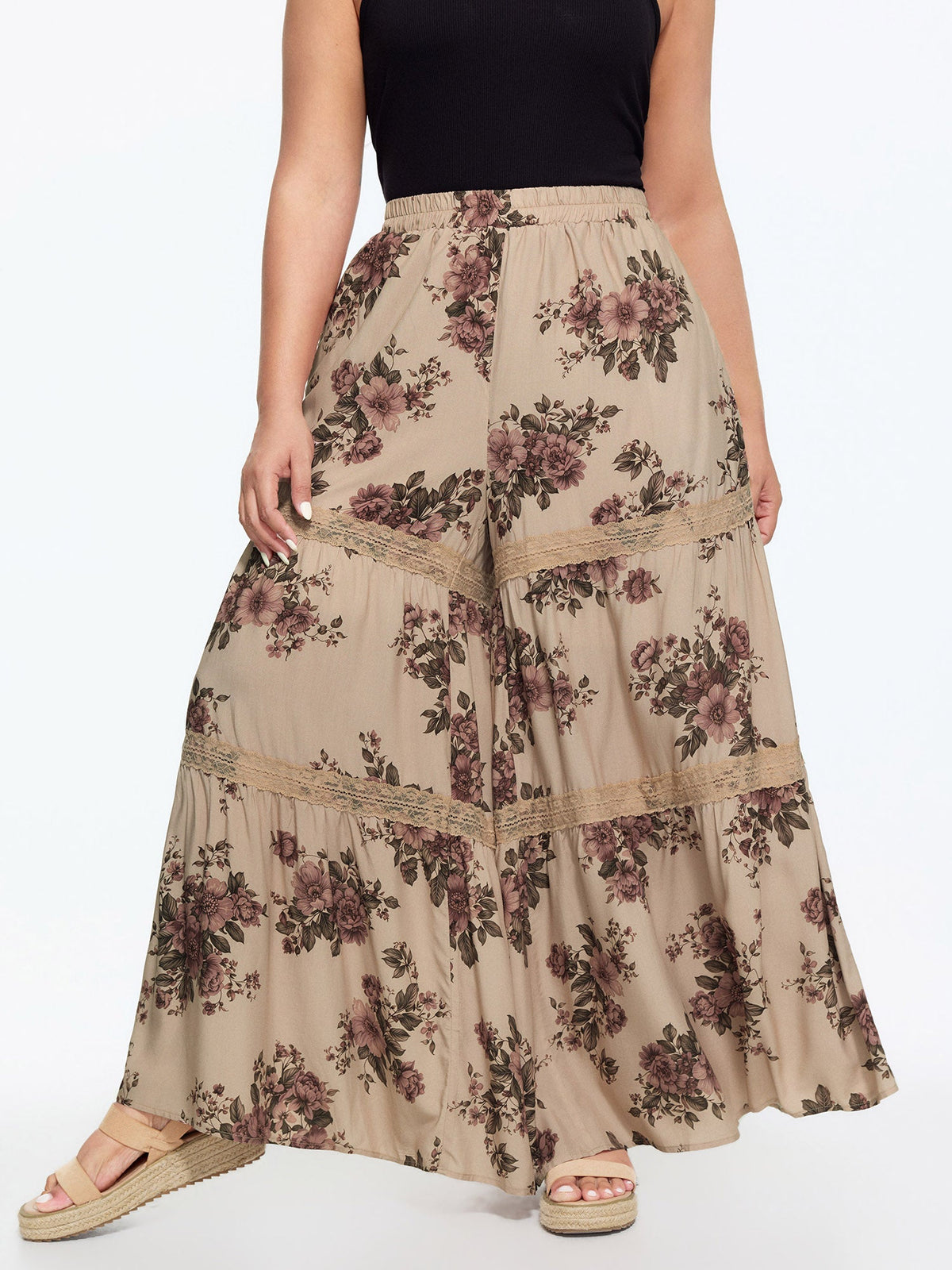 Floral Print Tiered Lace Trim Pants