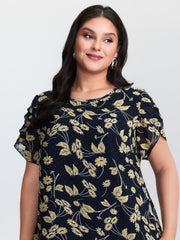 Chiffon Textured Floral Print Puff Sleeve Blouse