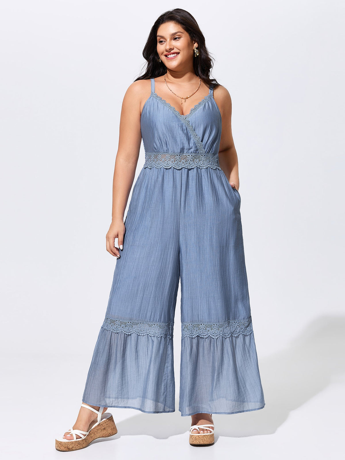Shirred Lace Detail Wide-Leg Jumpsuit