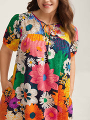 Large Floral Print Neck Tie Mini Dress