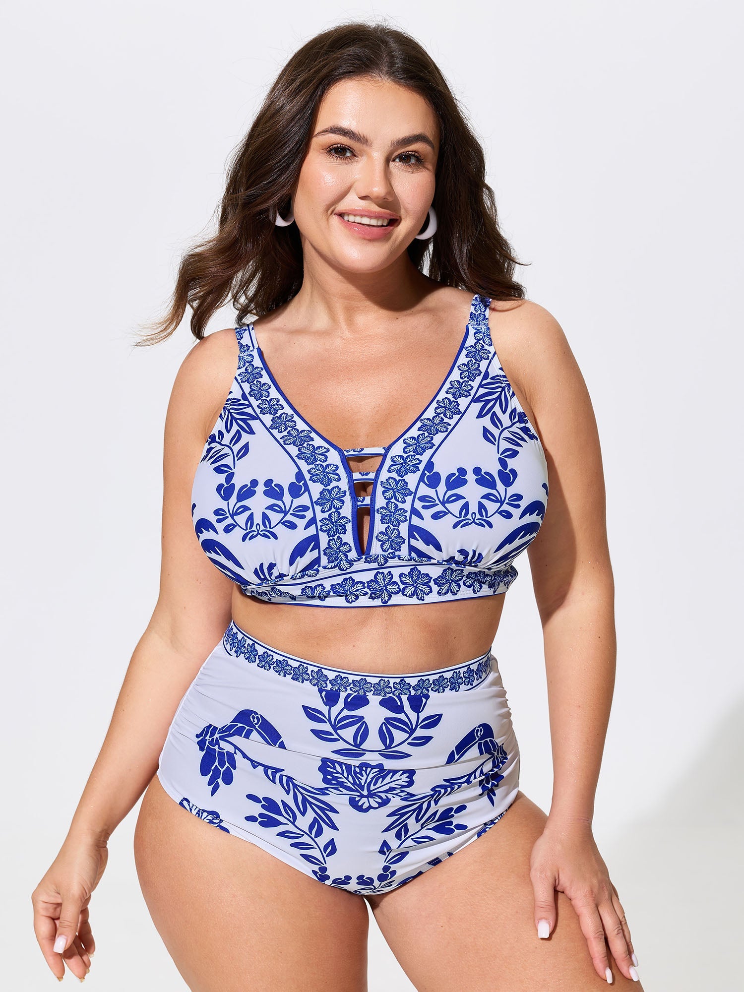 Tropical Print Cut-Out Neckline Swim Top