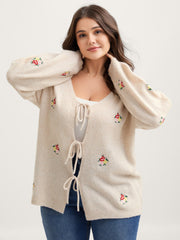 Supersoft Floral Embroidery Front Triple Tie Knit Cardigan