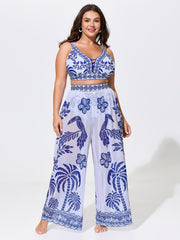 Tropical Print Cut-Out Neckline Swim Top