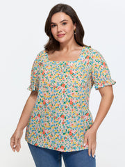 Cotton Square Neck Ruffled Sleeve Blouse