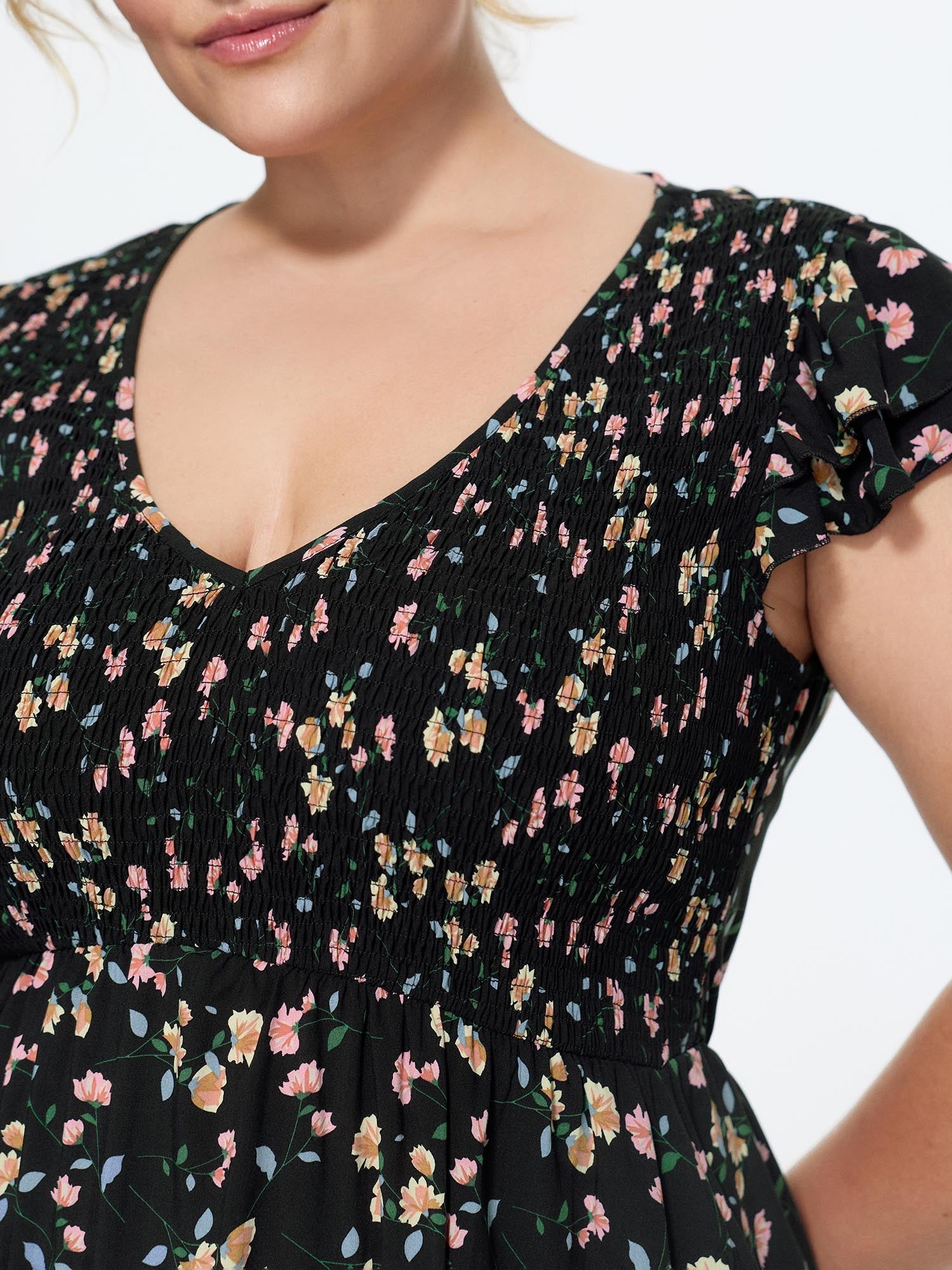 Floral Print V-Neck Ruffled Sleeve Mini Dress