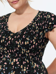 Floral Print V-Neck Ruffled Sleeve Mini Dress