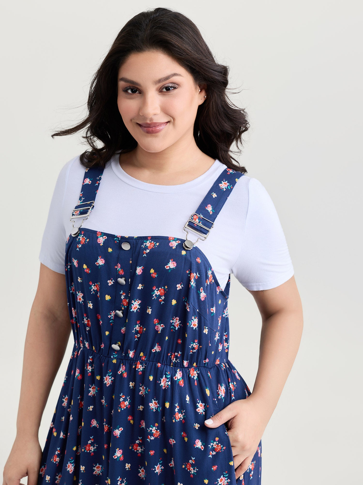 Sweet Floral Print Adjustable Midi Overall Dress