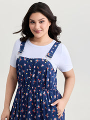 Sweet Floral Print Adjustable Midi Overall Dress
