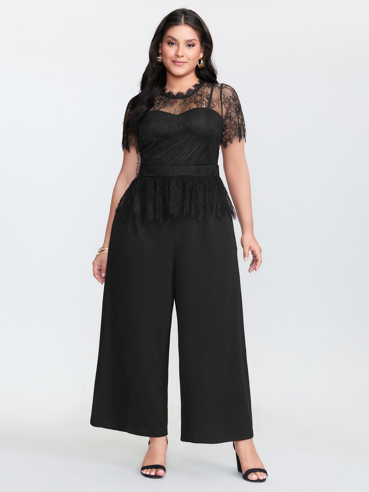 Sheer Lace Neckline Ruffled Waist Jumpsuit