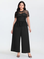 Sheer Lace Neckline Ruffled Waist Jumpsuit