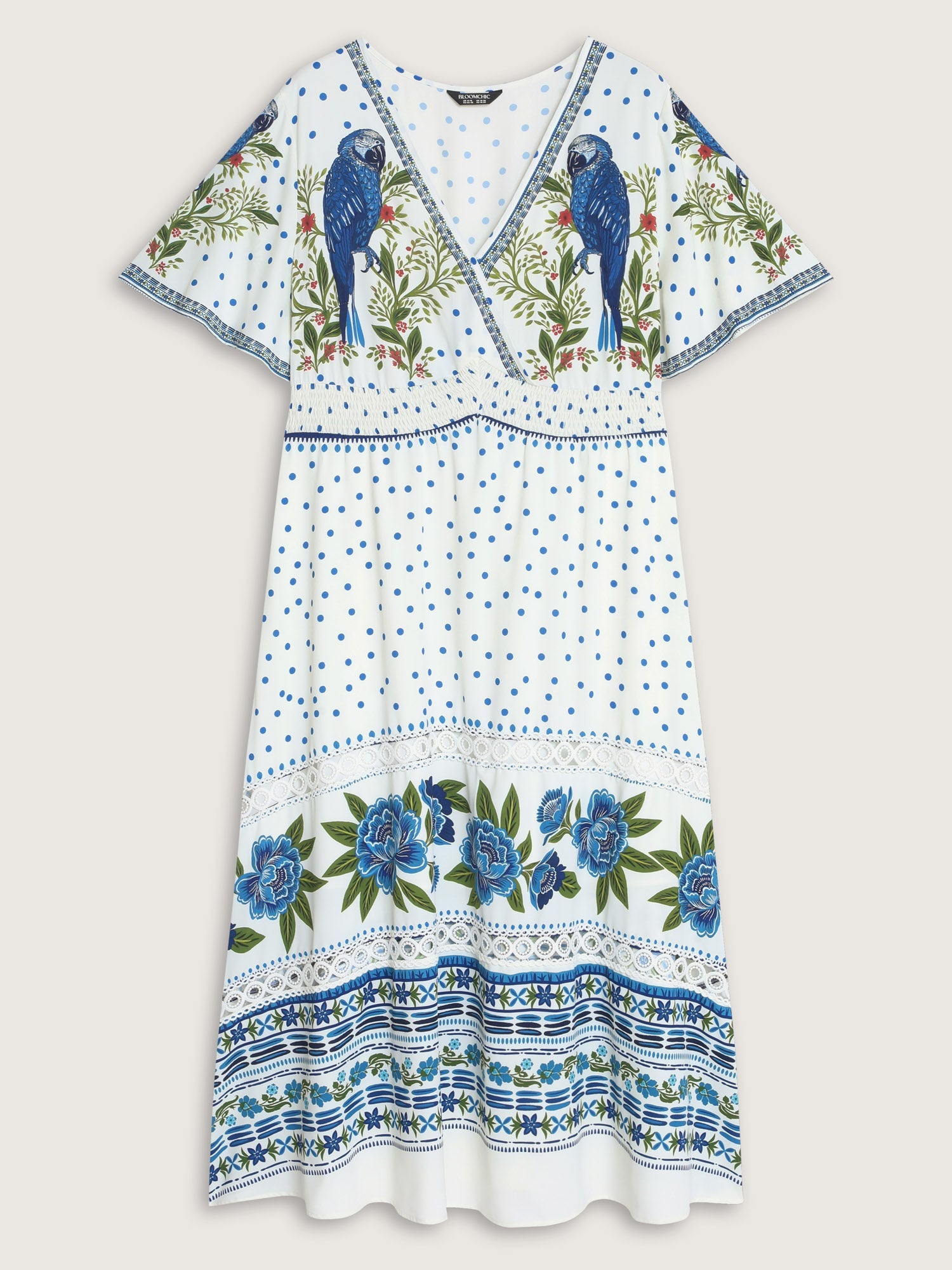 Parrot Print Lace Trim Surplice Neckline Maxi Dress
