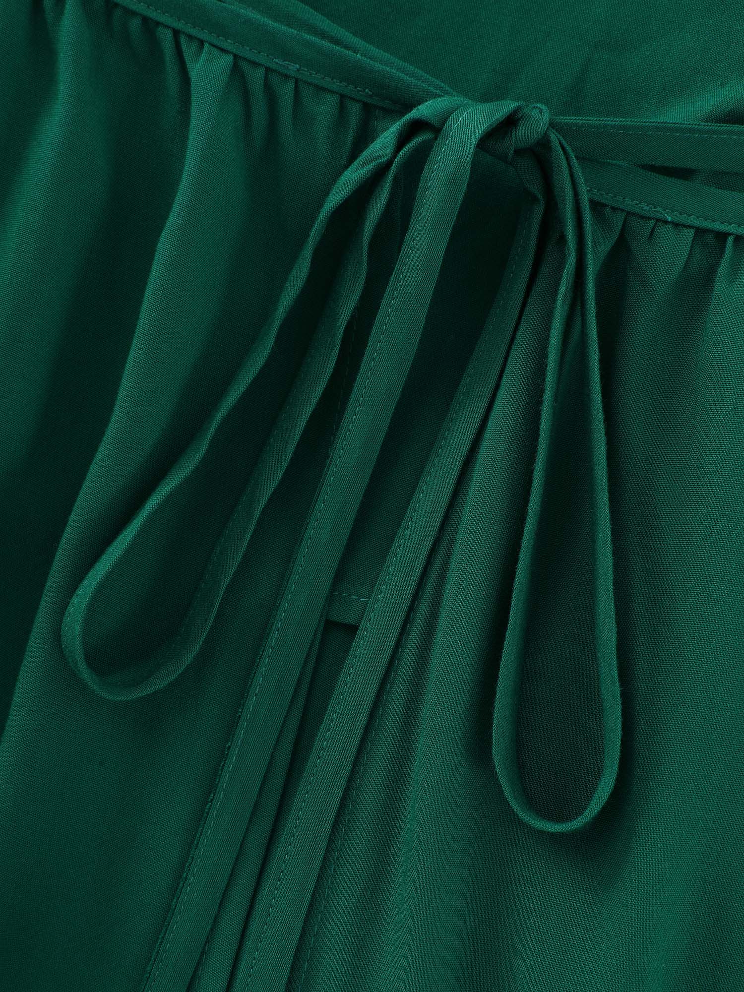 Solid Notch V Neck Drawstring Waist Midi Dress