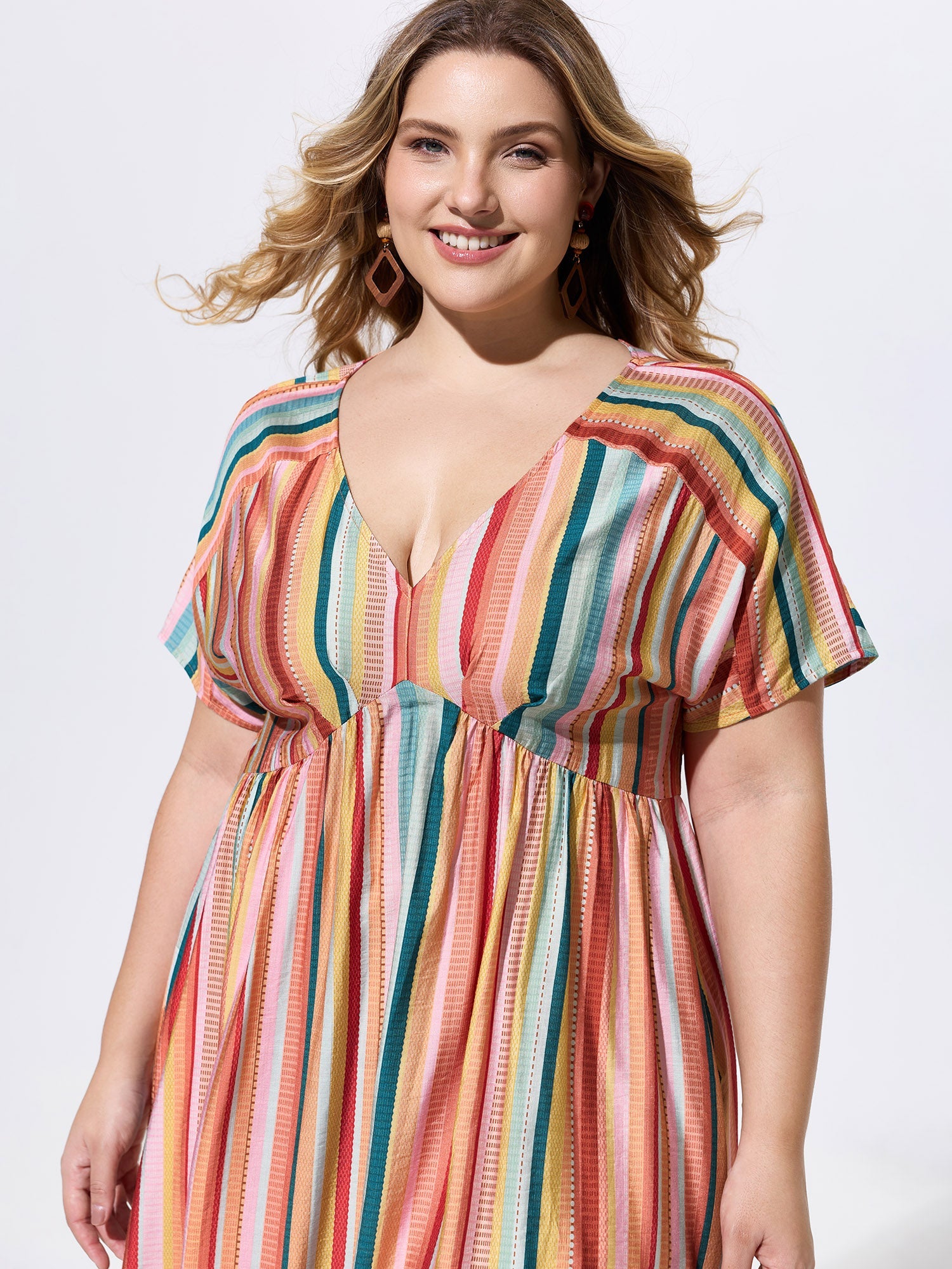 Colorful Striped Print V-Neck Midi Dress