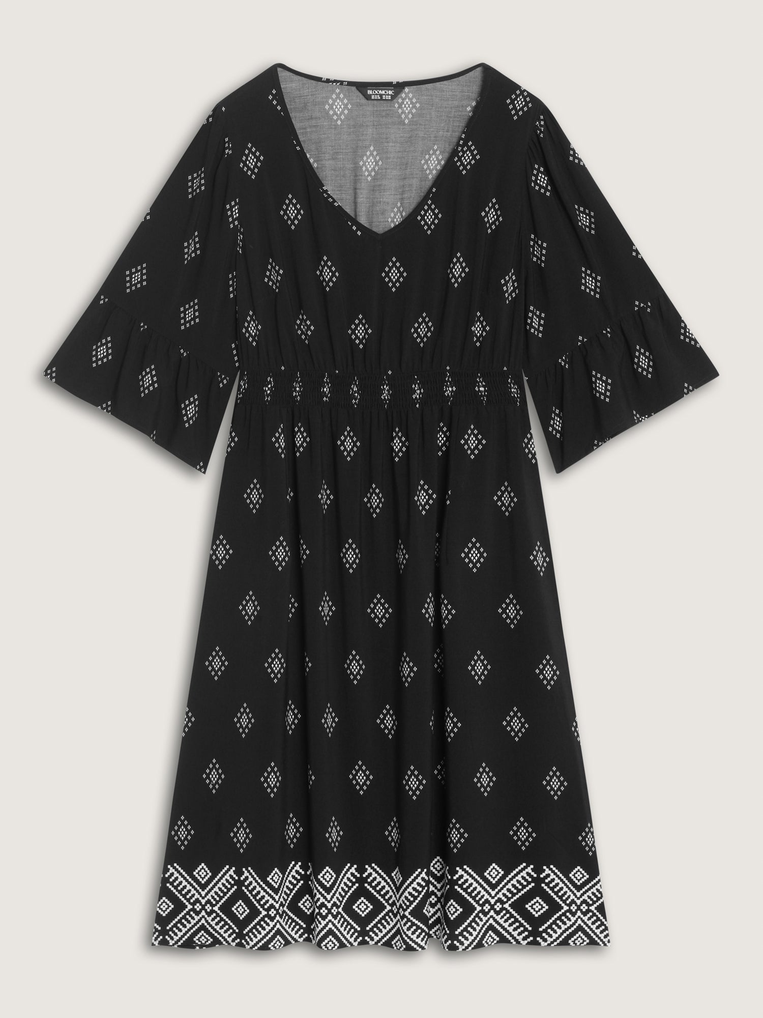 Geometric Print Flare Sleeve Shirred Waist Midi Dress