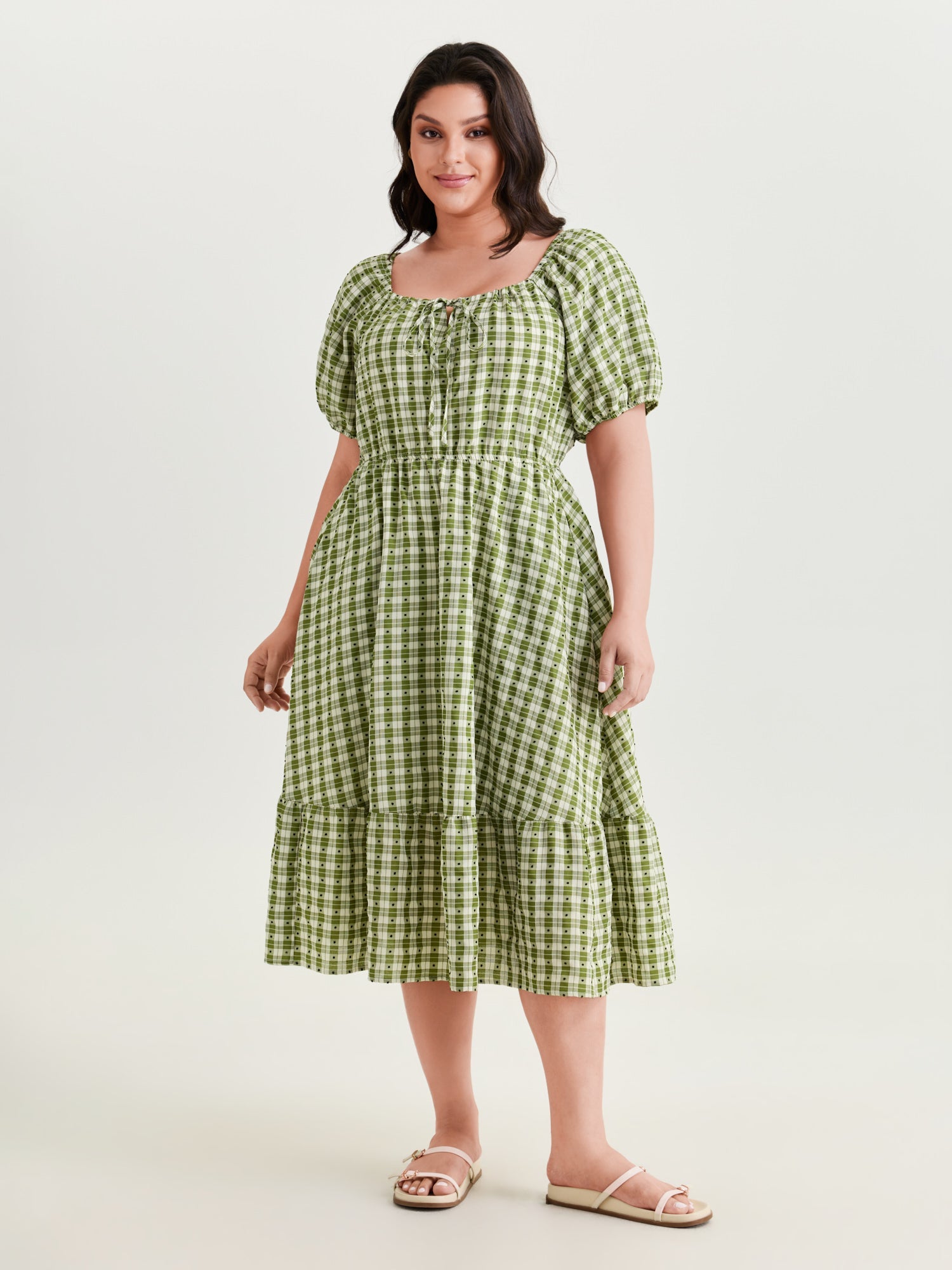 Gingham Print Adjustable Drawstring Neckline Midi Dress