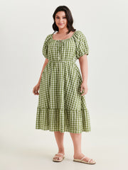 Gingham Print Adjustable Drawstring Neckline Midi Dress