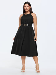 Halter Neckline Waist-Buckle Midi Dress