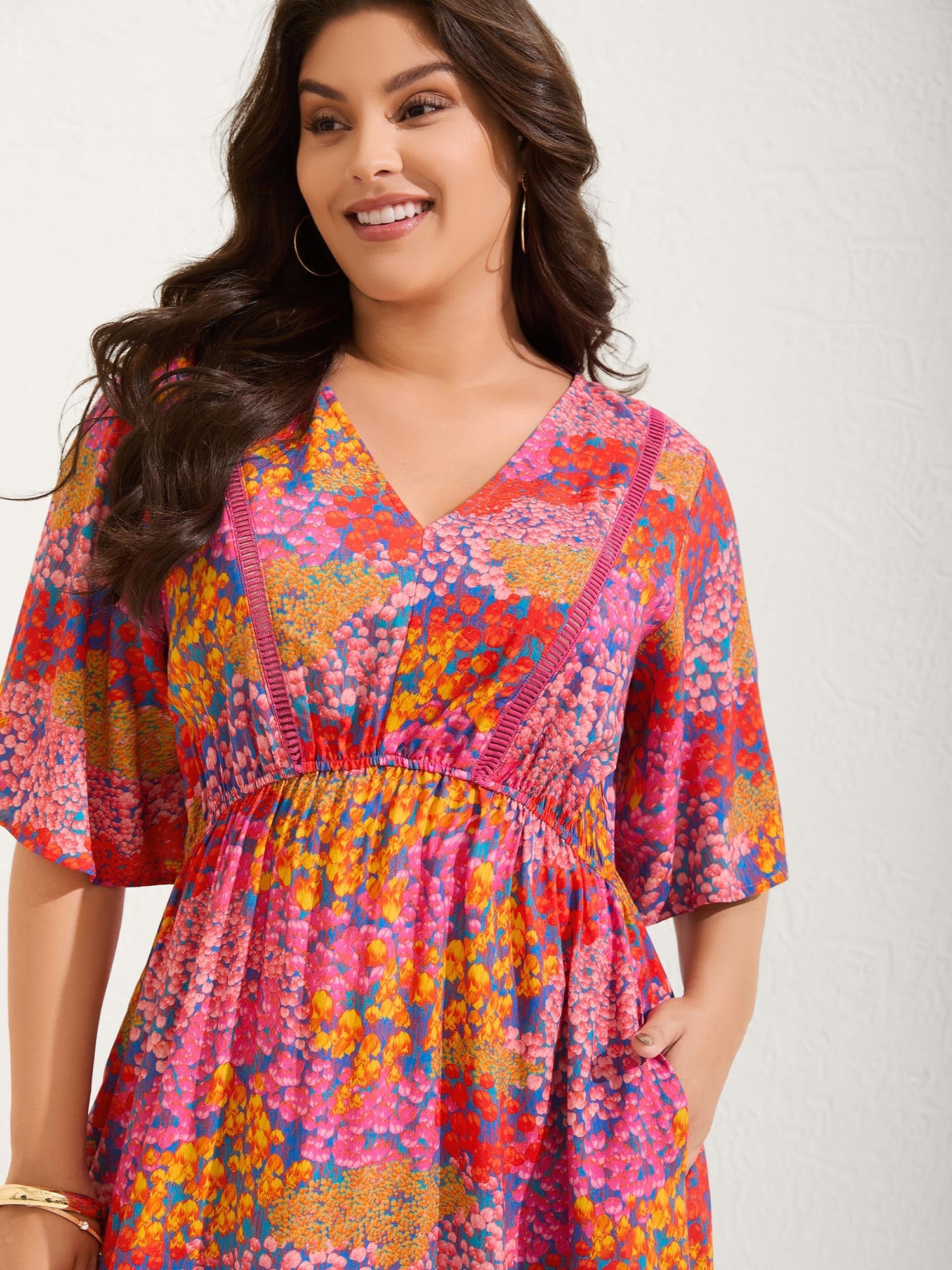 Floral Lace Trim Flowy Sleeve Maxi Dress