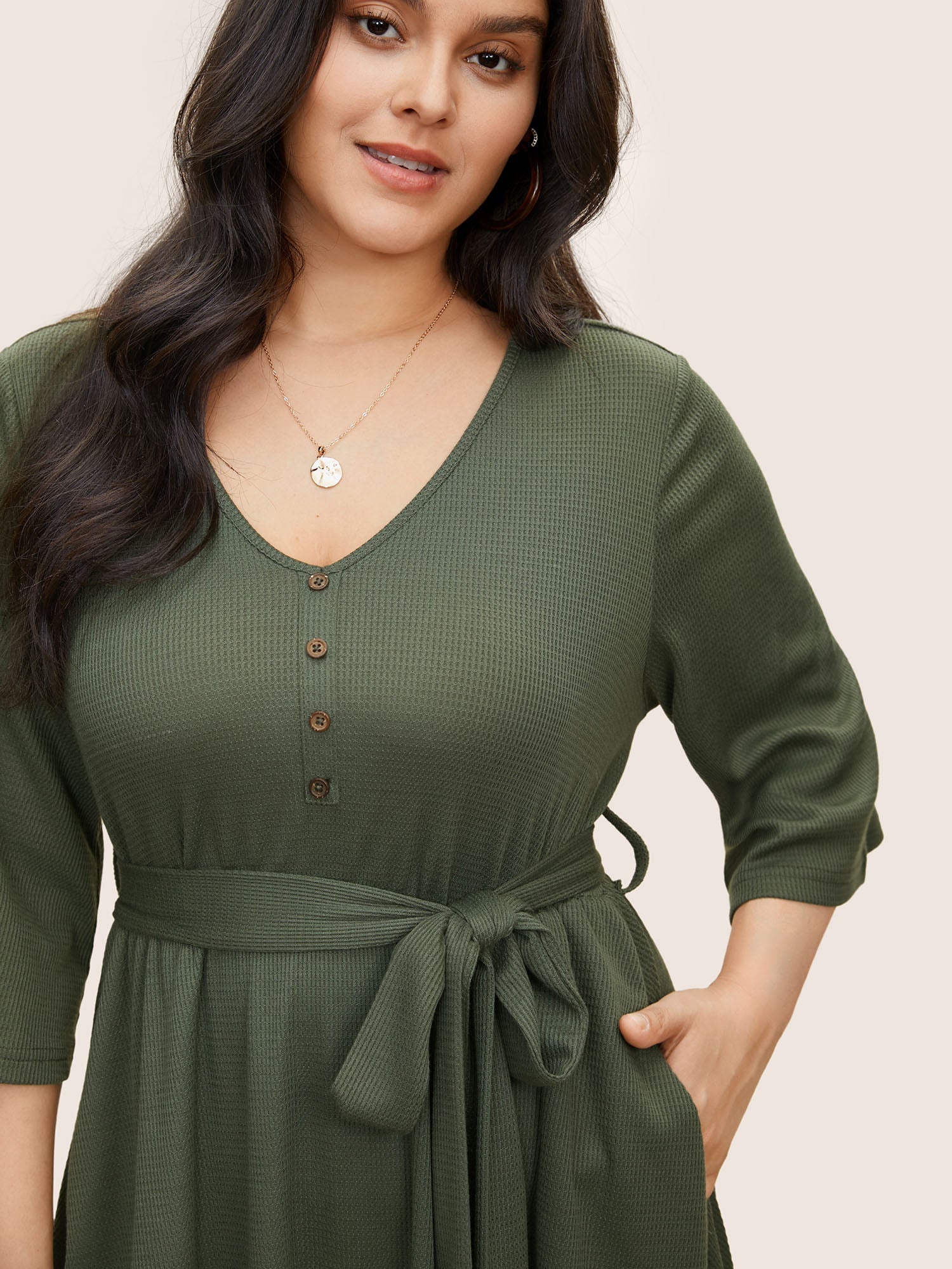Solid Waffle Knit Button Detail Belted Dress