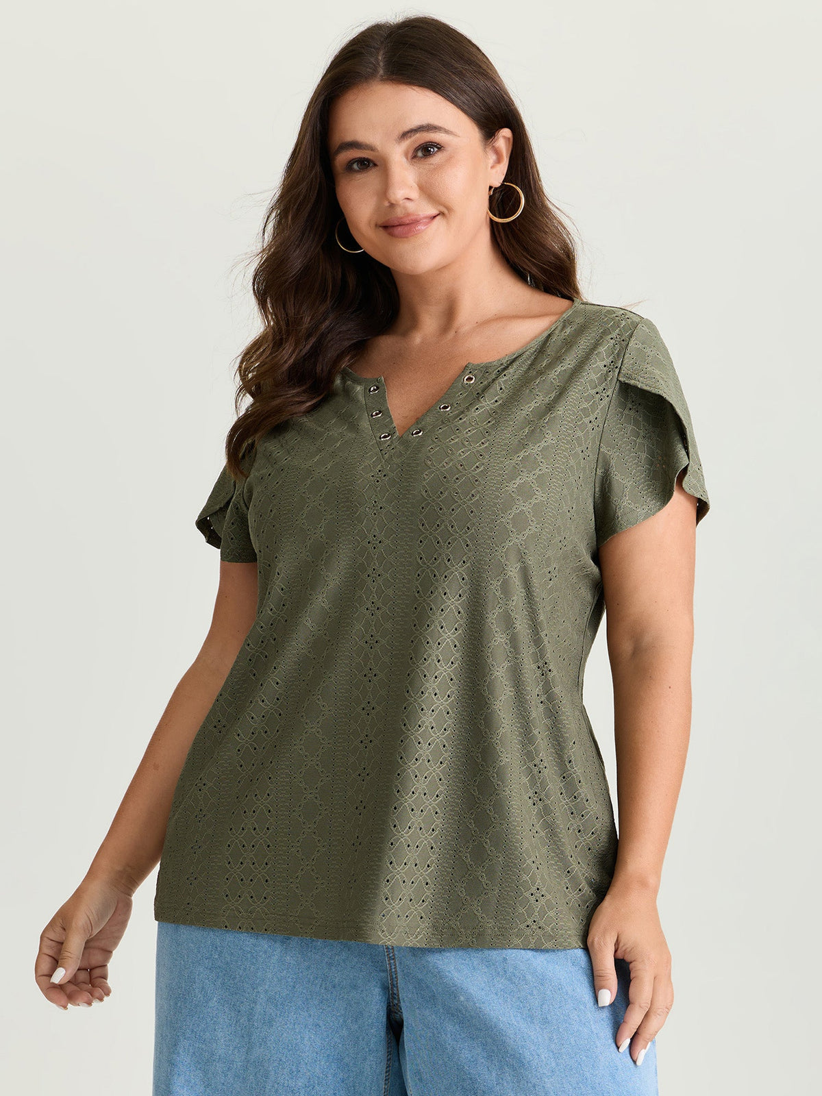 Eyelet Trim Split Neckline Knit Top