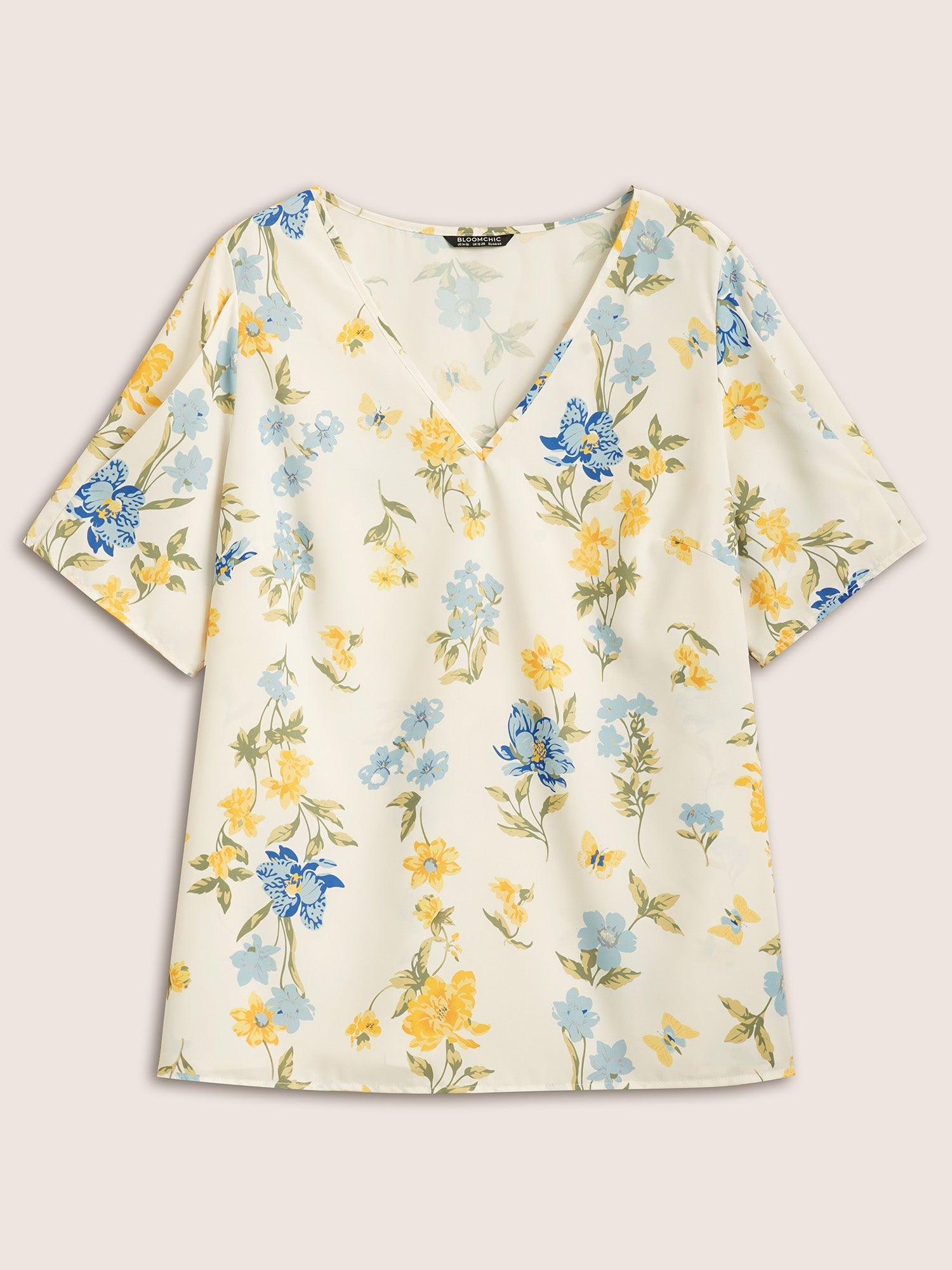 Floral & Butterfly V Neck Bishop Sleeve Blouse