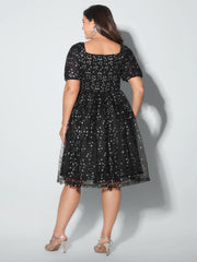 Star Moon Mesh Sequin Fit And Flare Mini Dress