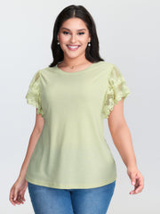 Sheer Lace Sleeve Plain T-Shirt