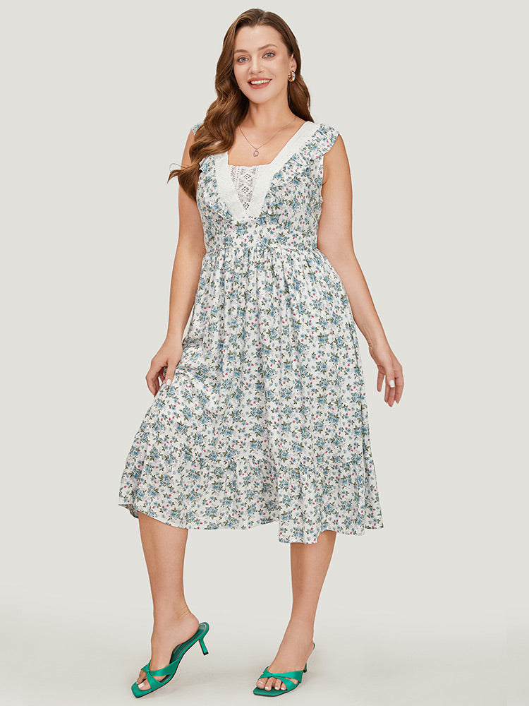 Ditsy Floral Ruffles Pocket Empire Waist Crochet Lace Tank Dress