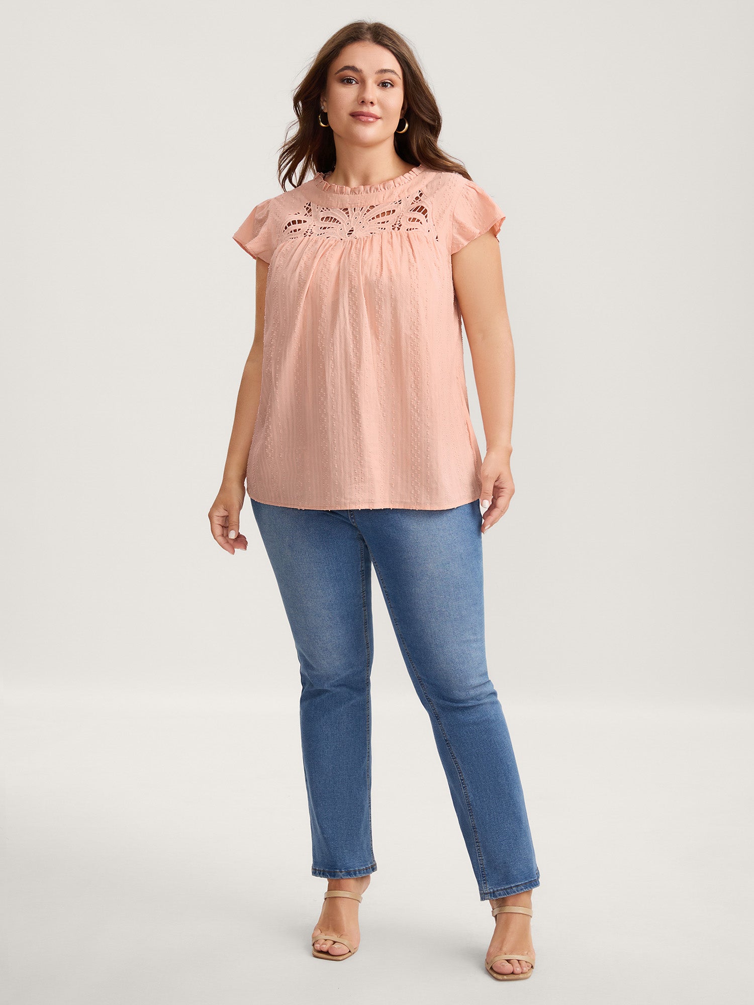 Cotton Cut-Out Lace Ruffled Neck Blouse