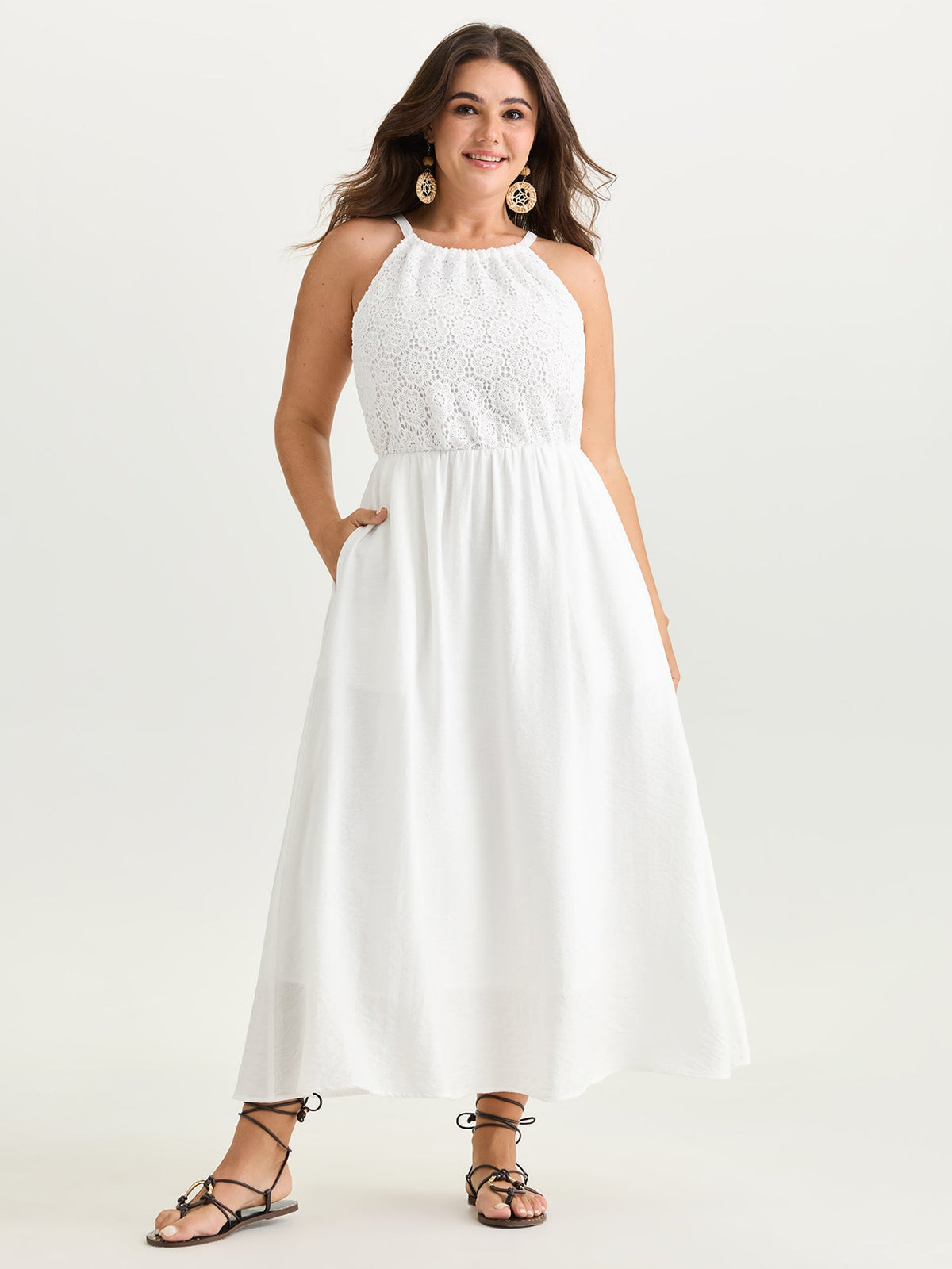 Lace Textured Halter Neckline Maxi Dress