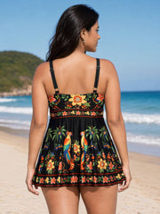Tropical Floral Print V-Neck Swim Top