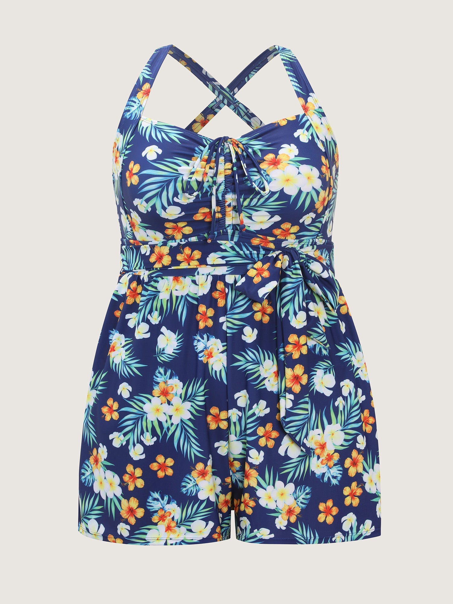 Breezy Tropical Print Drawstring One-Piece Swimsuit