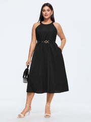 Halter Neckline Waist-Buckle Midi Dress