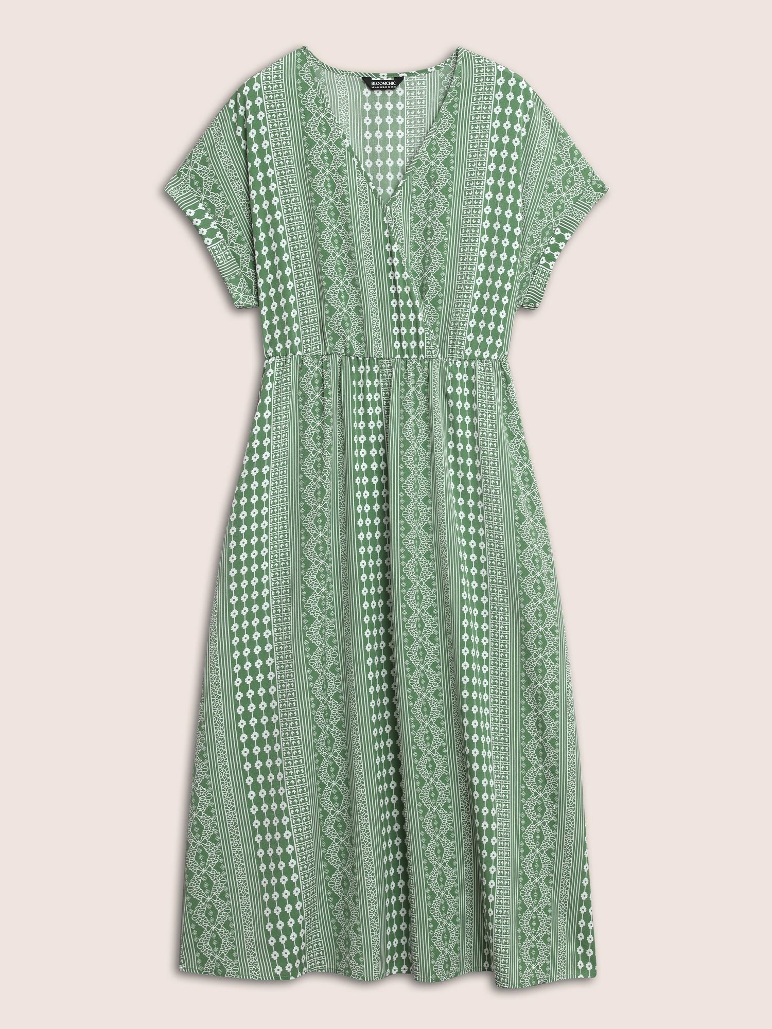 Boho Print Overlap Collar Dolman Sleeve Dress