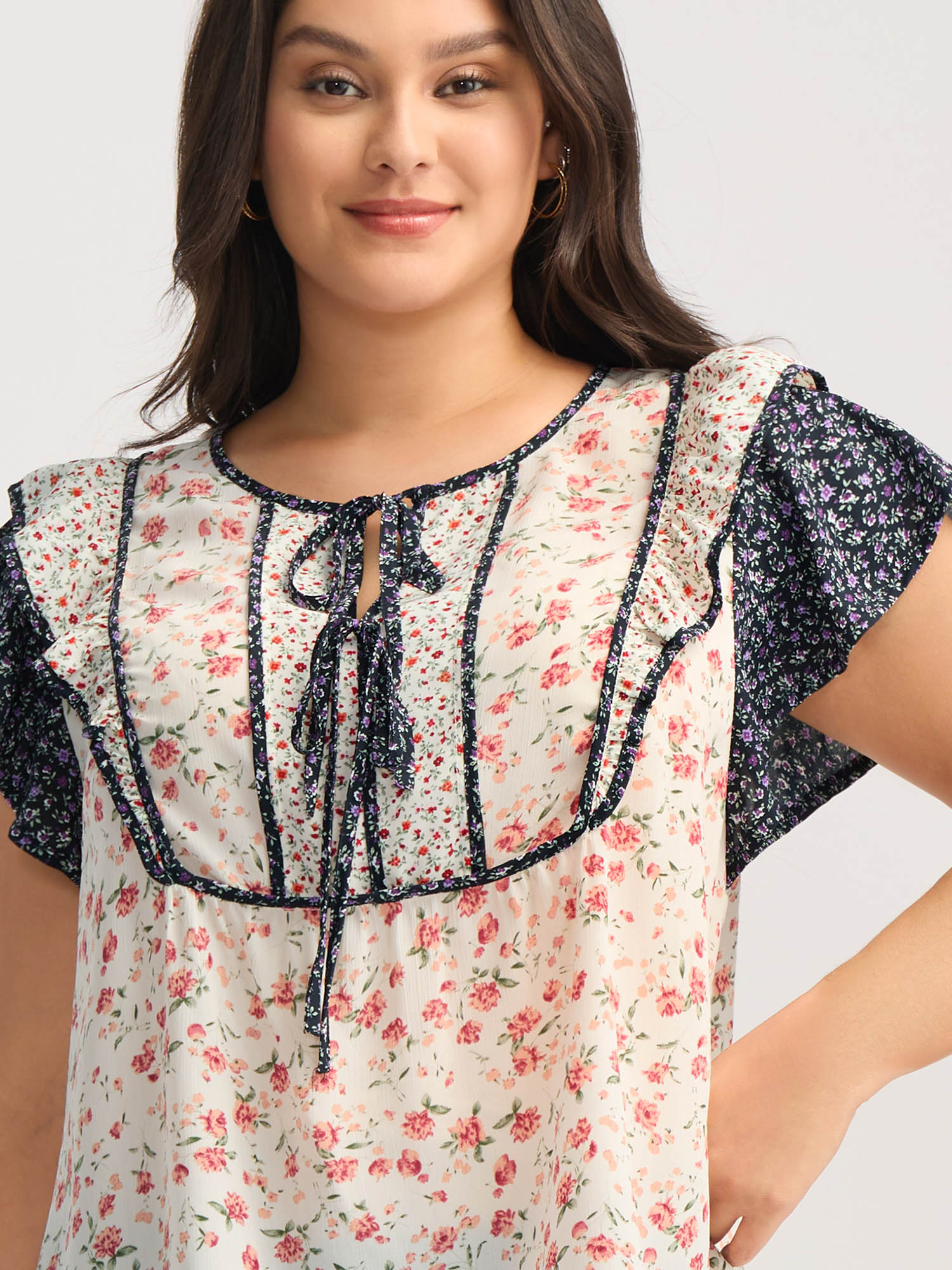 Floral Panel Ruffled Sleeve Blouse