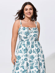 Floral Print Neck-Tie Color Contrast Maxi Dress