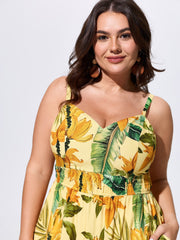 Tropical Breathable Shirred Detail Maxi Dress