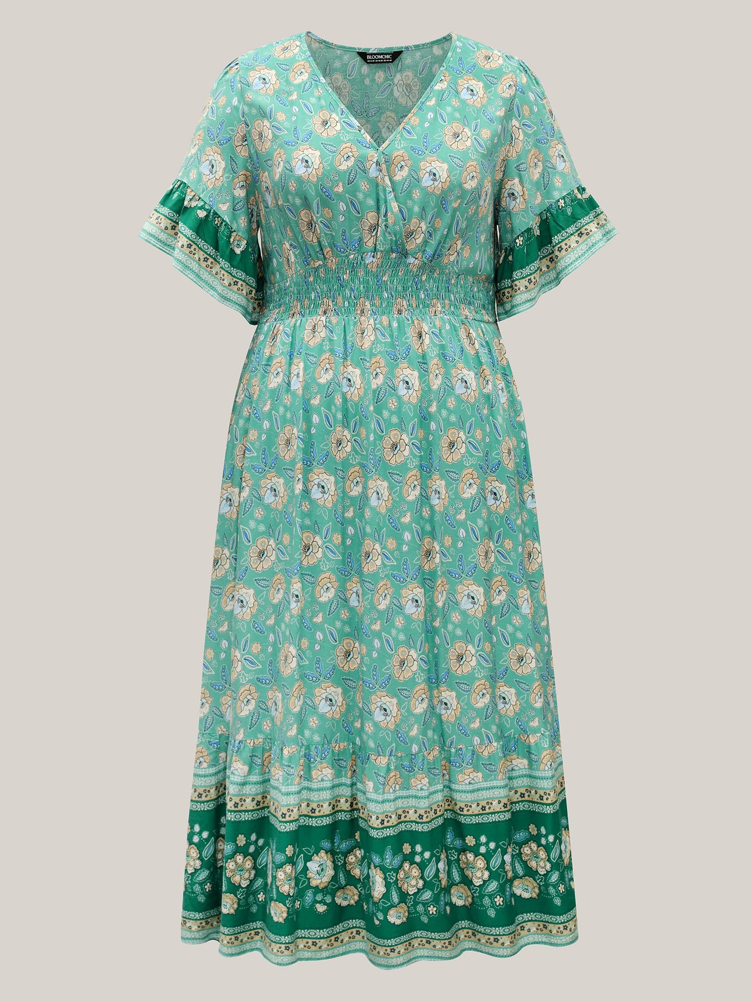 Floral Bell Sleeve Shirred Waist Maxi Dress